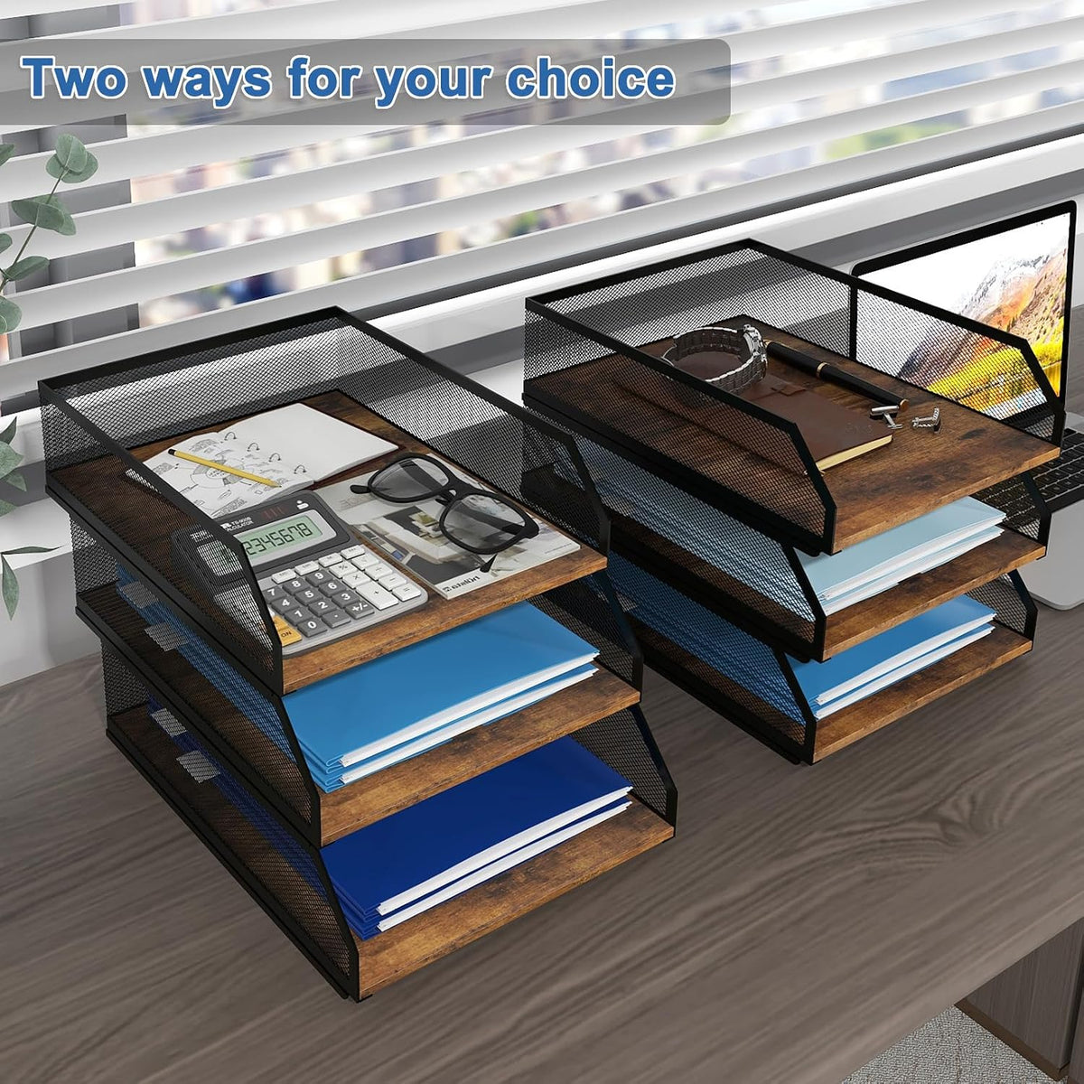 2-Tier Stackable Metal Mesh Paper Organizer with Sliding Tray,Retro