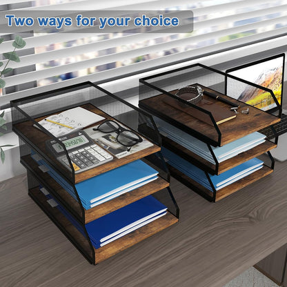 2-Tier Stackable Metal Mesh Paper Organizer with Sliding Tray,Retro