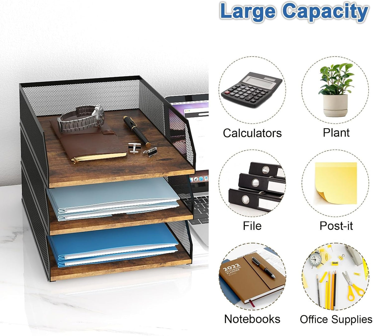 2-Tier Stackable Metal Mesh Paper Organizer with Sliding Tray,Retro