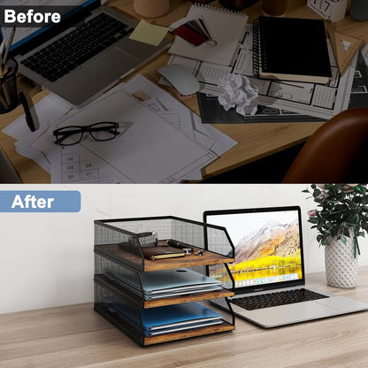 2-Tier Stackable Metal Mesh Paper Organizer with Sliding Tray,Retro