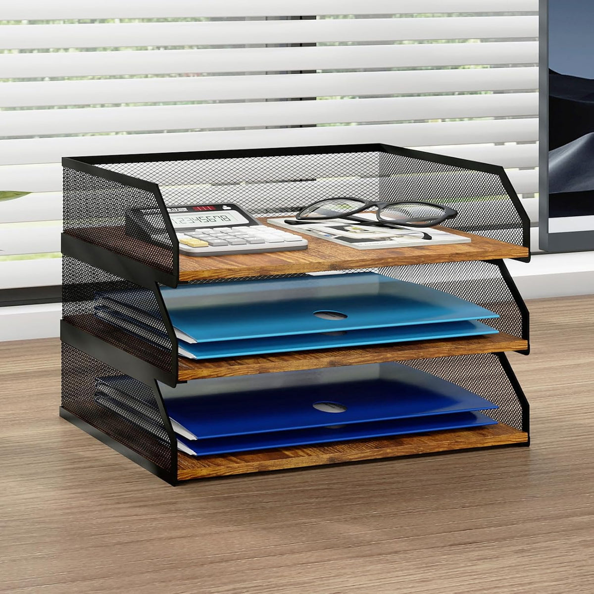 2-Tier Stackable Metal Mesh Paper Organizer with Sliding Tray,Retro