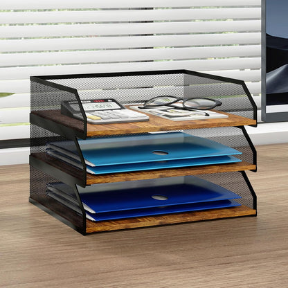 2-Tier Stackable Metal Mesh Paper Organizer with Sliding Tray,Retro