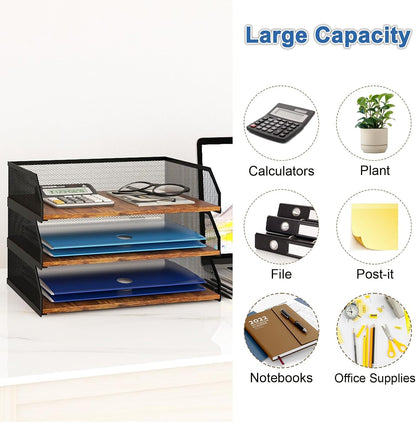 2-Tier Stackable Metal Mesh Paper Organizer with Sliding Tray,Retro
