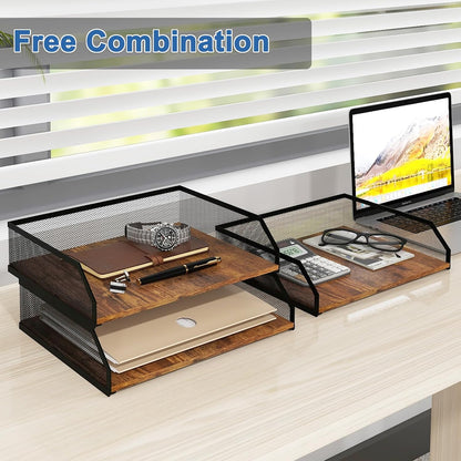 2-Tier Stackable Metal Mesh Paper Organizer with Sliding Tray,Retro