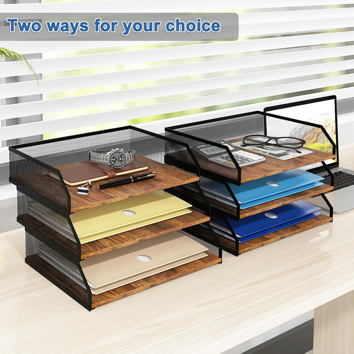 2-Tier Stackable Metal Mesh Paper Organizer with Sliding Tray,Retro