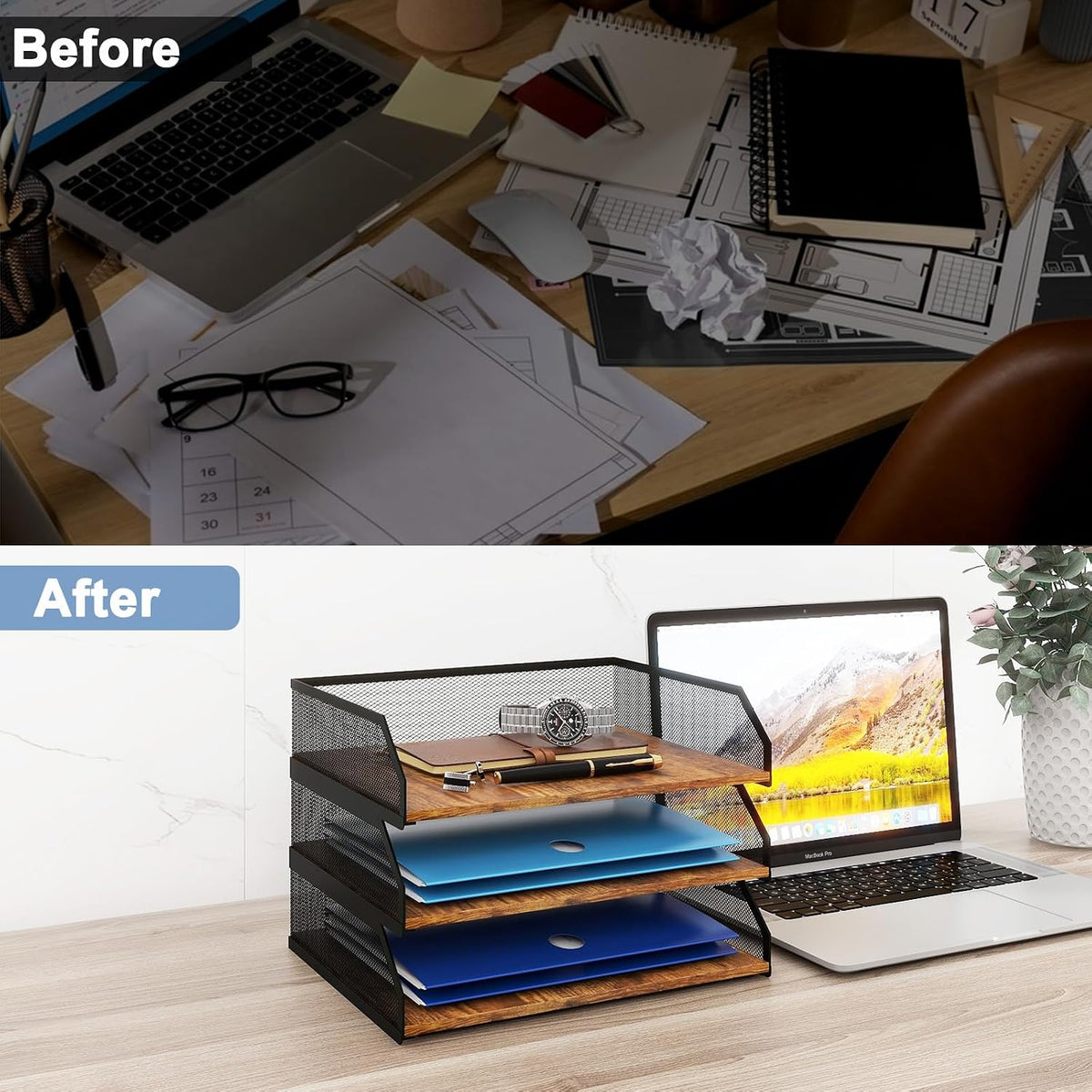 2-Tier Stackable Metal Mesh Paper Organizer with Sliding Tray,Retro