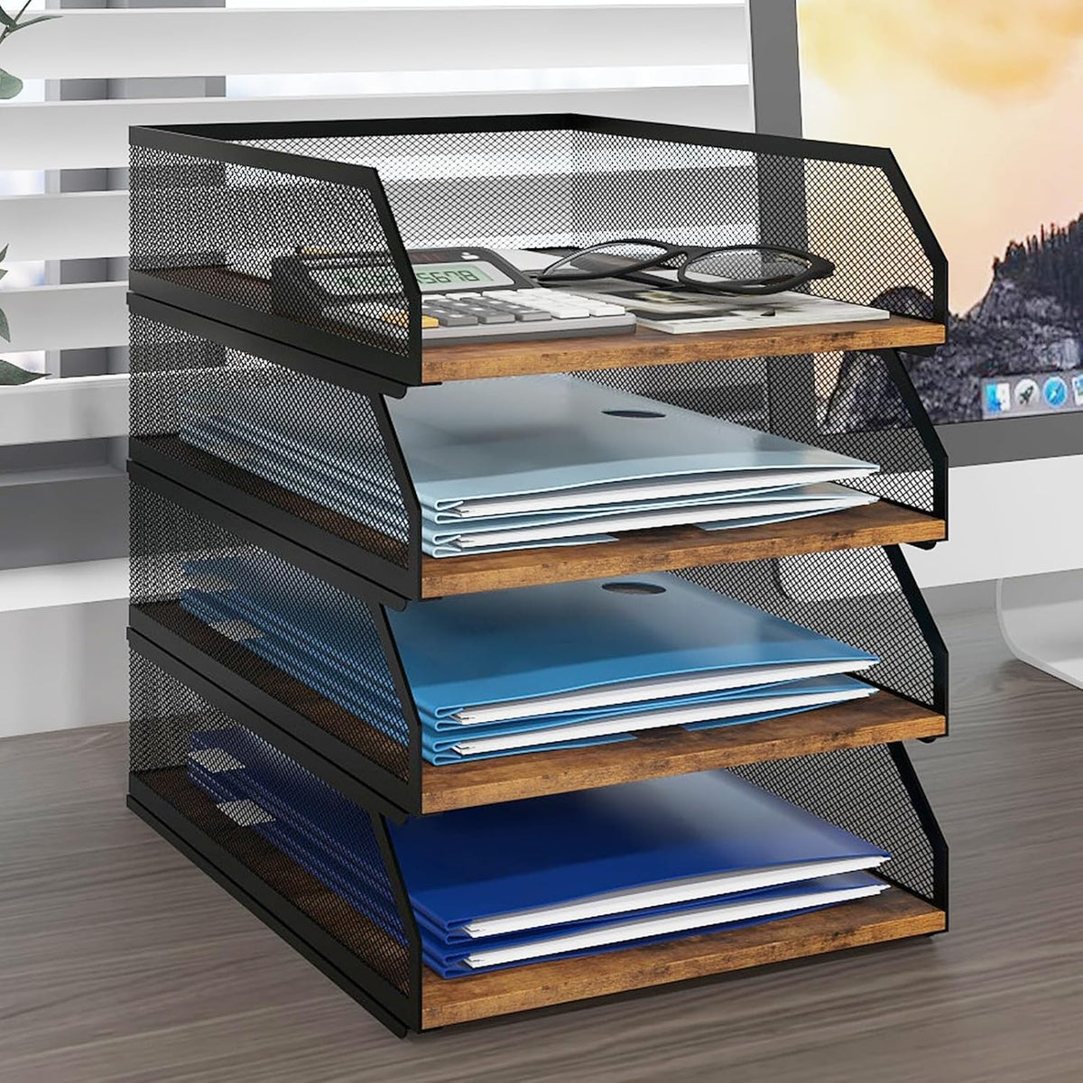 2-Tier Stackable Metal Mesh Paper Organizer with Sliding Tray,Retro