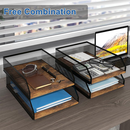 2-Tier Stackable Metal Mesh Paper Organizer with Sliding Tray,Retro