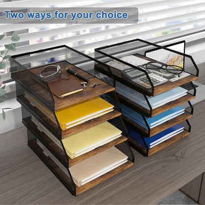 2-Tier Stackable Metal Mesh Paper Organizer with Sliding Tray,Retro