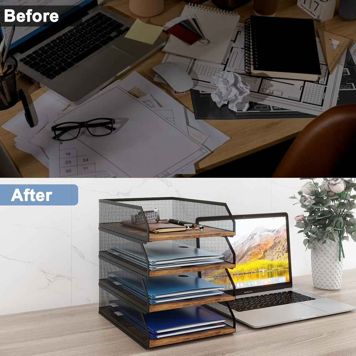 2-Tier Stackable Metal Mesh Paper Organizer with Sliding Tray,Retro