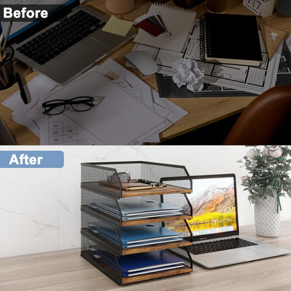 2-Tier Stackable Metal Mesh Paper Organizer with Sliding Tray,Retro