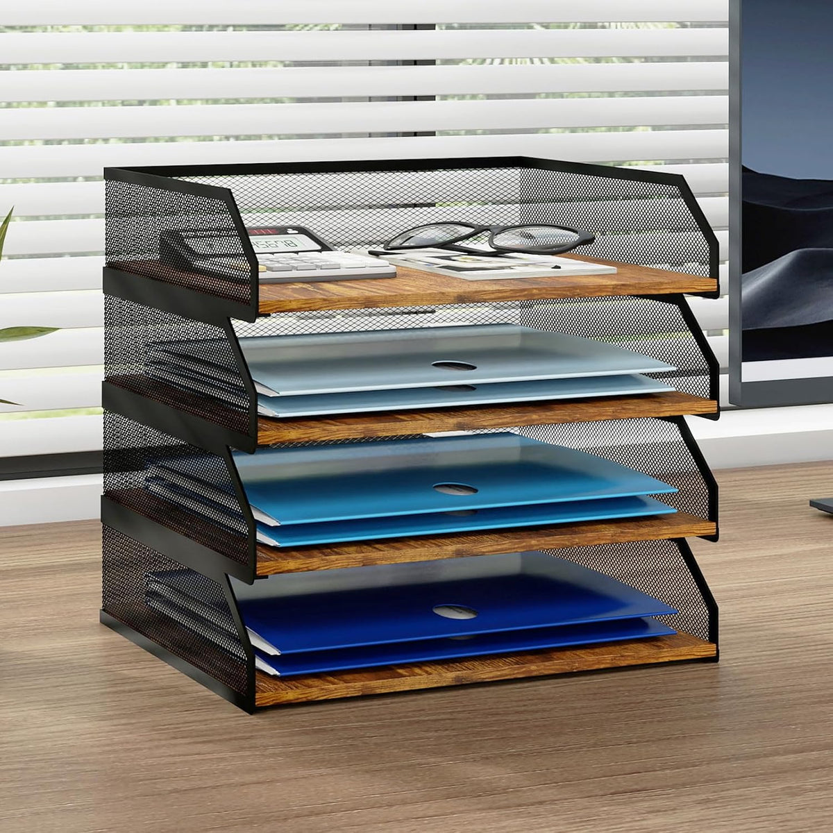 2-Tier Stackable Metal Mesh Paper Organizer with Sliding Tray,Retro