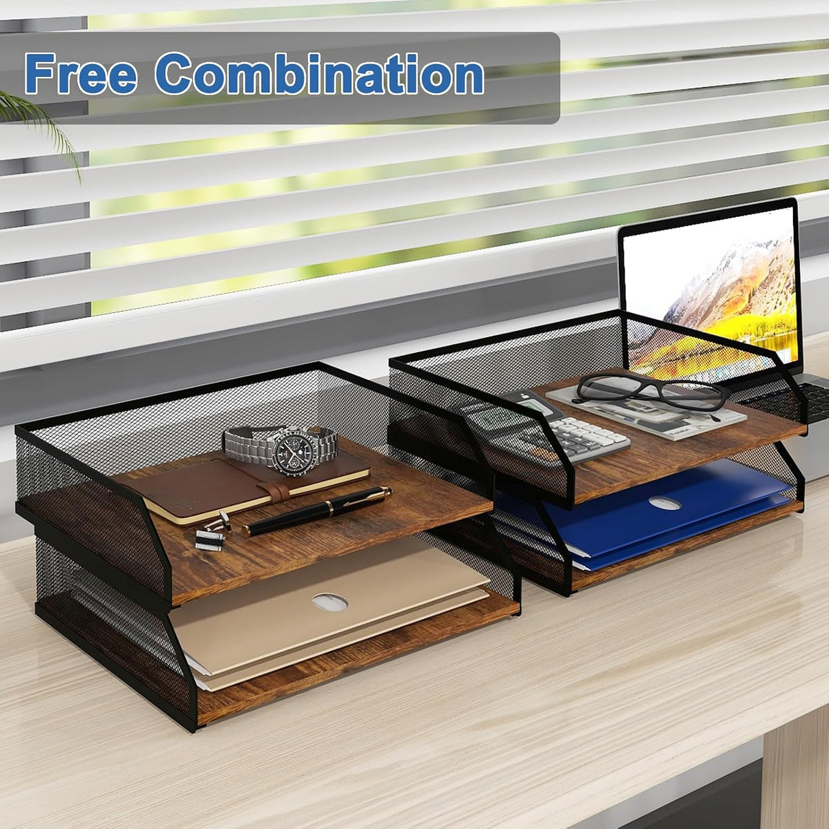 2-Tier Stackable Metal Mesh Paper Organizer with Sliding Tray,Retro