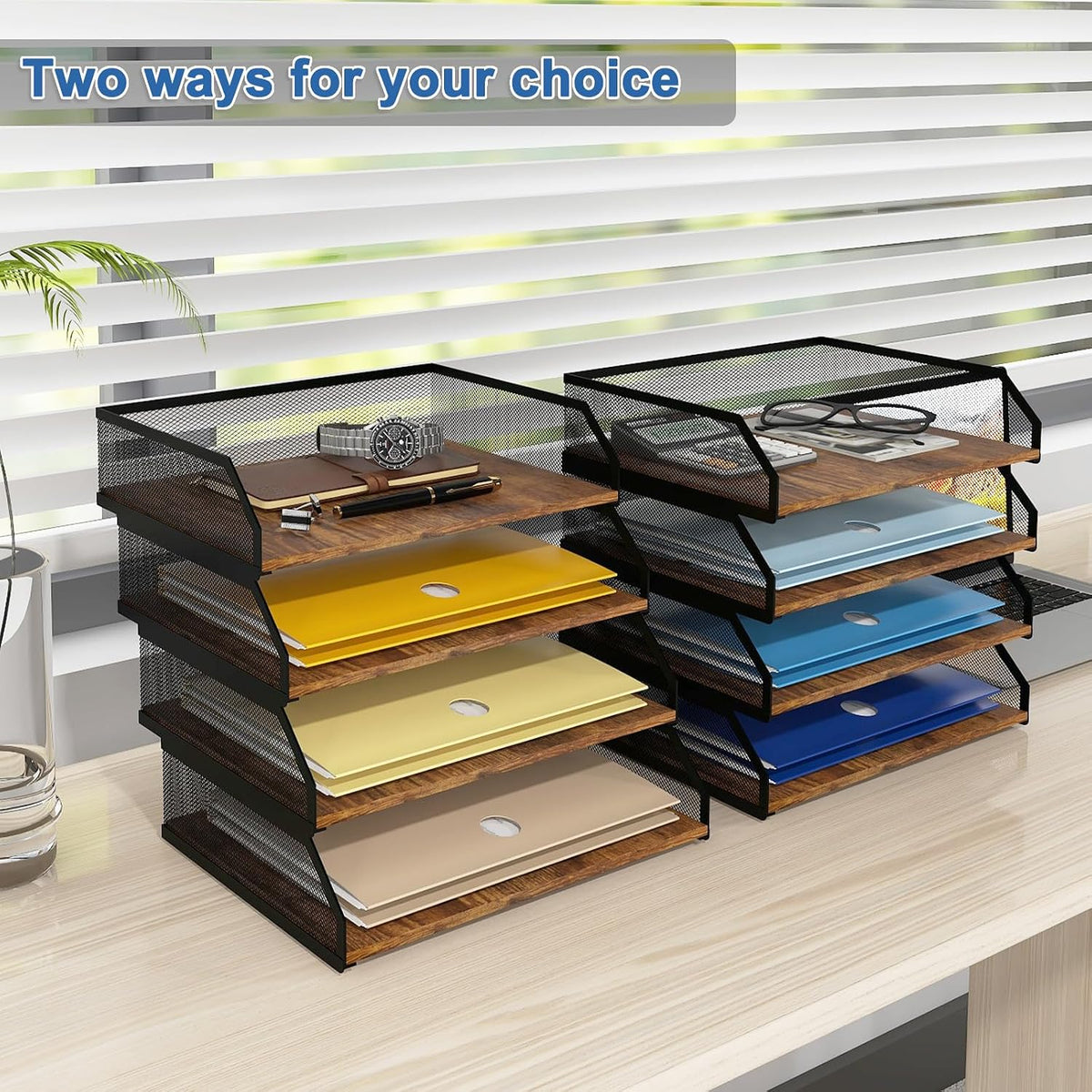2-Tier Stackable Metal Mesh Paper Organizer with Sliding Tray,Retro