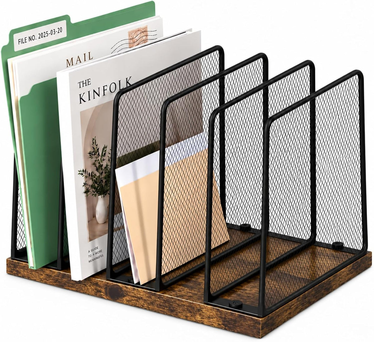 5-Section Vertical File Organizer for Desk, Sturdy Wood Base & Metal Mesh Desktop File Holder, Upright Paper Folder Sorter for Office Supplies（Rustic Brown）