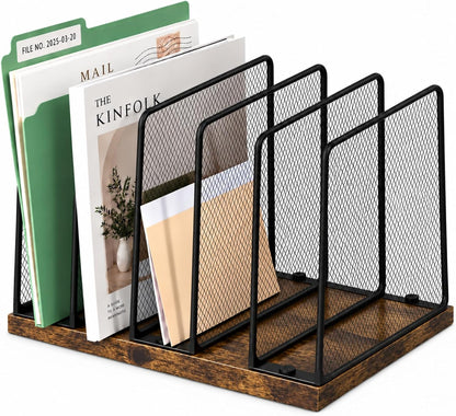 5-Section Vertical File Organizer for Desk, Sturdy Wood Base & Metal Mesh Desktop File Holder, Upright Paper Folder Sorter for Office Supplies（Rustic Brown）