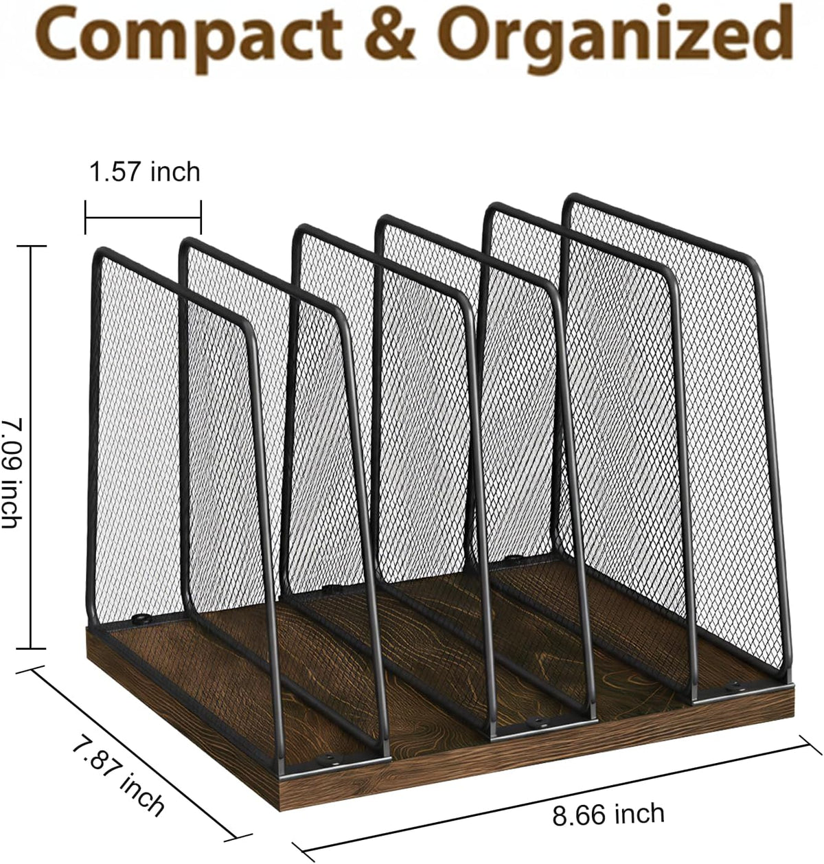 5-Section Vertical File Organizer for Desk, Sturdy Wood Base & Metal Mesh Desktop File Holder, Upright Paper Folder Sorter for Office Supplies（Rustic Brown）