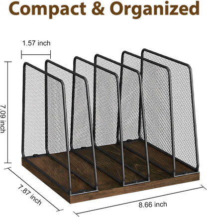 5-Section Vertical File Organizer for Desk, Sturdy Wood Base & Metal Mesh Desktop File Holder, Upright Paper Folder Sorter for Office Supplies（Rustic Brown）