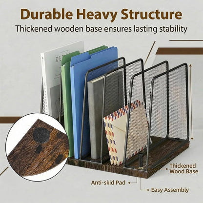 5-Section Vertical File Organizer for Desk, Sturdy Wood Base & Metal Mesh Desktop File Holder, Upright Paper Folder Sorter for Office Supplies（Rustic Brown）