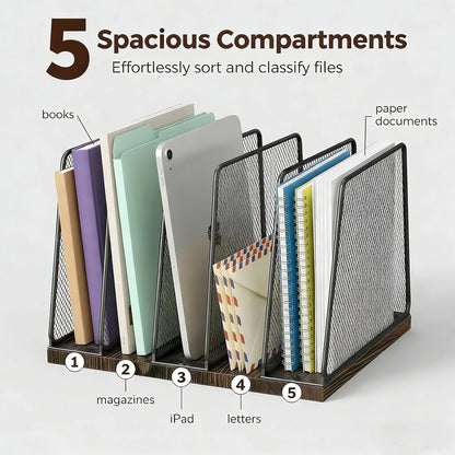 5-Section Vertical File Organizer for Desk, Sturdy Wood Base & Metal Mesh Desktop File Holder, Upright Paper Folder Sorter for Office Supplies（Rustic Brown）