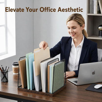 5-Section Vertical File Organizer for Desk, Sturdy Wood Base & Metal Mesh Desktop File Holder, Upright Paper Folder Sorter for Office Supplies（Rustic Brown）