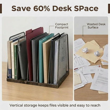 5-Section Vertical File Organizer for Desk, Sturdy Wood Base & Metal Mesh Desktop File Holder, Upright Paper Folder Sorter for Office Supplies（Rustic Brown）