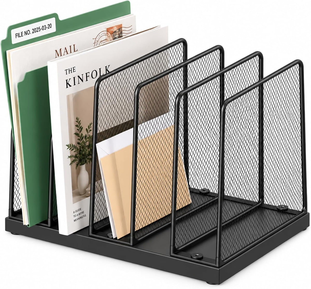 5-Section Vertical File Organizer for Desk, Sturdy Wood Base & Metal Mesh Desktop File Holder, Upright Paper Folder Sorter for Office Supplies（Rustic Brown）