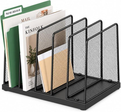 5-Section Vertical File Organizer for Desk, Sturdy Wood Base & Metal Mesh Desktop File Holder, Upright Paper Folder Sorter for Office Supplies（Rustic Brown）