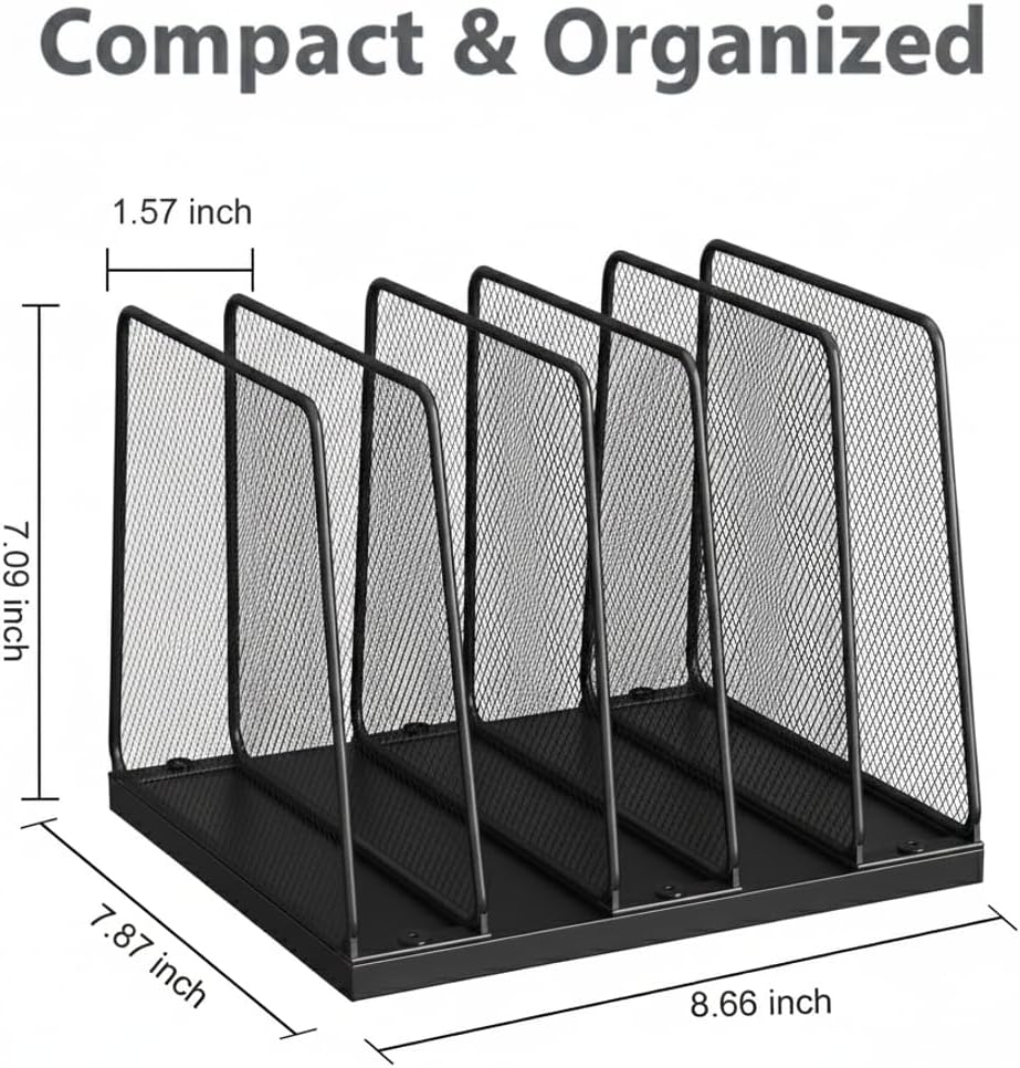5-Section Vertical File Organizer for Desk, Sturdy Wood Base & Metal Mesh Desktop File Holder, Upright Paper Folder Sorter for Office Supplies（Rustic Brown）