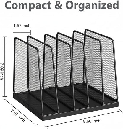 5-Section Vertical File Organizer for Desk, Sturdy Wood Base & Metal Mesh Desktop File Holder, Upright Paper Folder Sorter for Office Supplies（Rustic Brown）