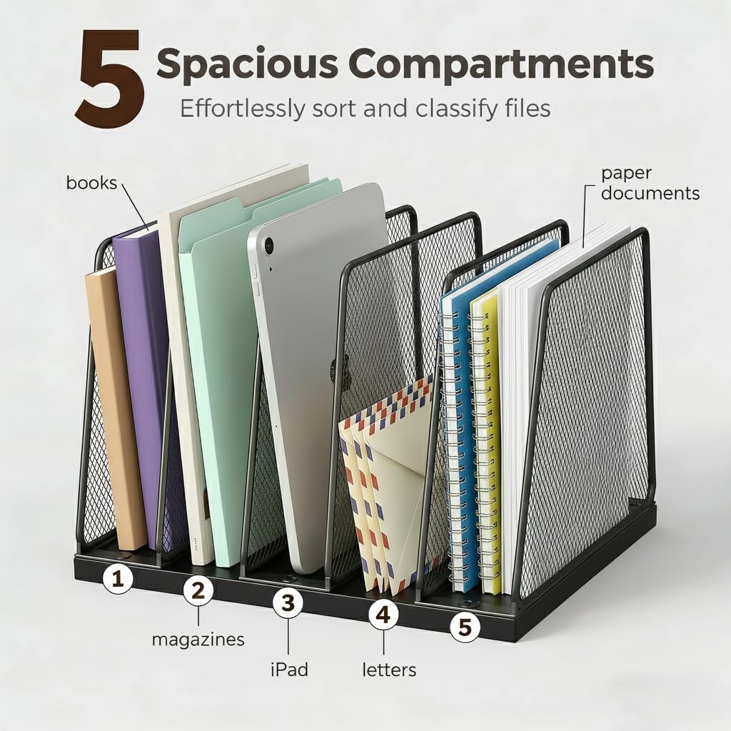 5-Section Vertical File Organizer for Desk, Sturdy Wood Base & Metal Mesh Desktop File Holder, Upright Paper Folder Sorter for Office Supplies（Rustic Brown）
