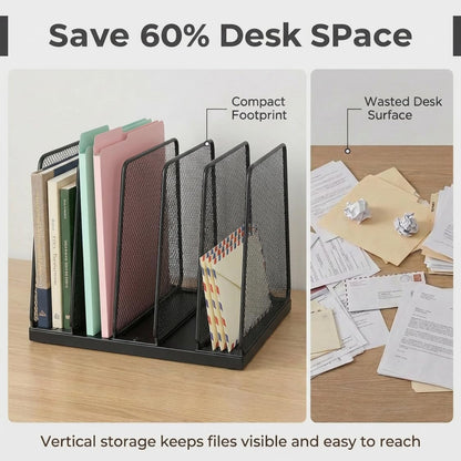 5-Section Vertical File Organizer for Desk, Sturdy Wood Base & Metal Mesh Desktop File Holder, Upright Paper Folder Sorter for Office Supplies（Rustic Brown）