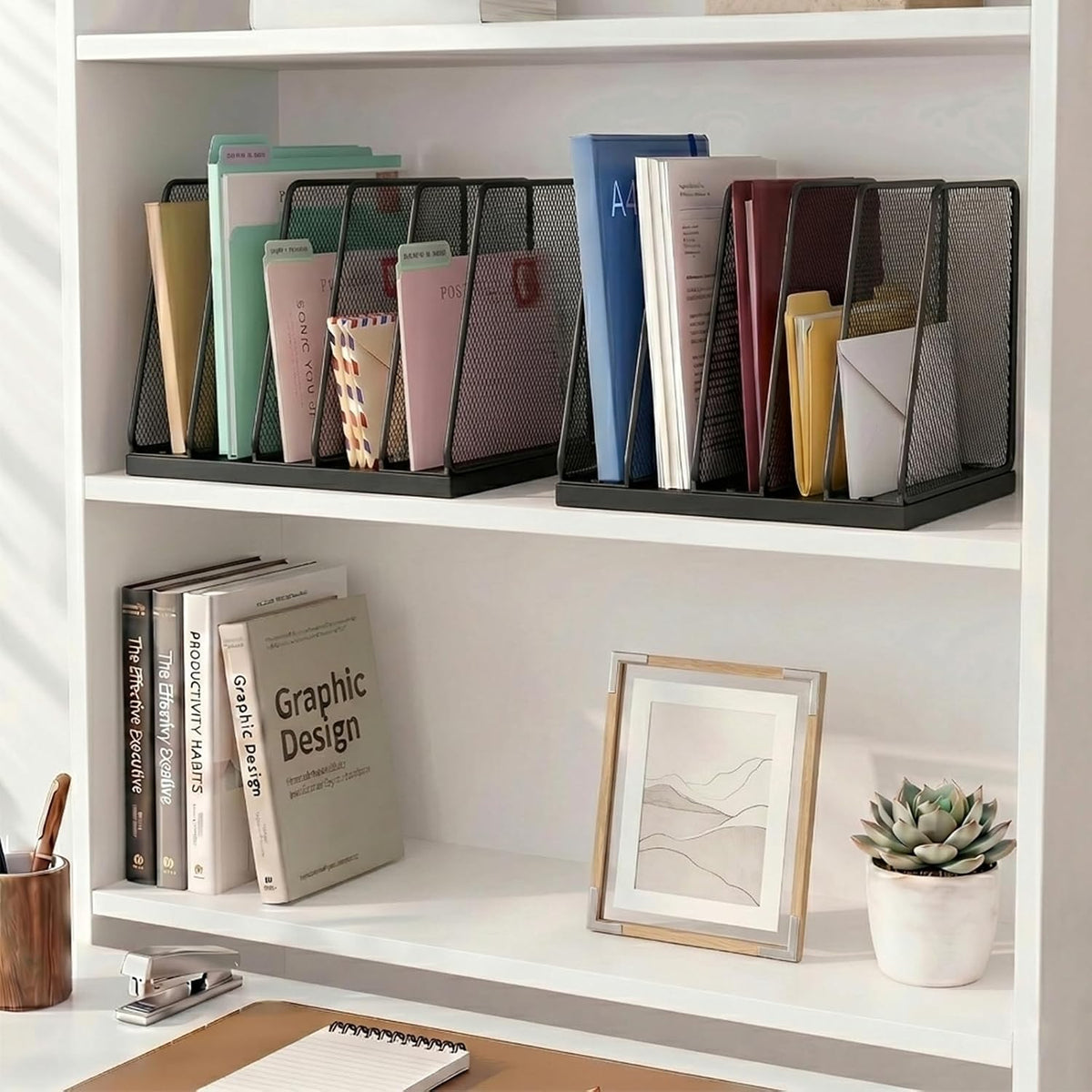 5-Section Vertical File Organizer for Desk, Sturdy Wood Base & Metal Mesh Desktop File Holder, Upright Paper Folder Sorter for Office Supplies（Rustic Brown）