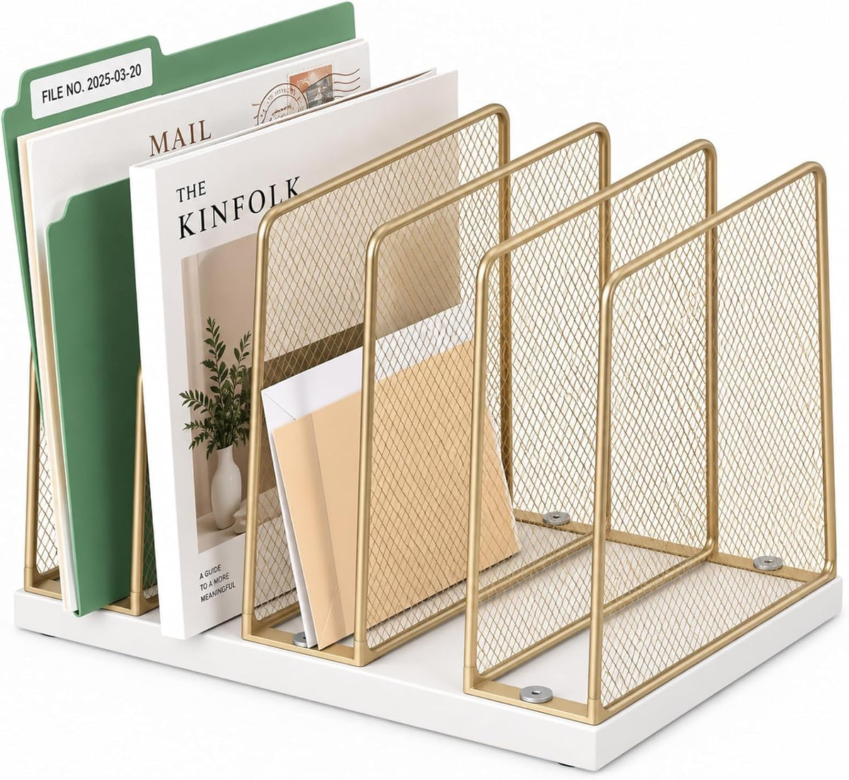 5-Section Vertical File Organizer for Desk, Sturdy Wood Base & Metal Mesh Desktop File Holder, Upright Paper Folder Sorter for Office Supplies（Rustic Brown）