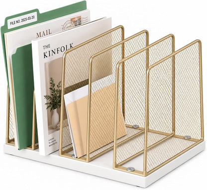 5-Section Vertical File Organizer for Desk, Sturdy Wood Base & Metal Mesh Desktop File Holder, Upright Paper Folder Sorter for Office Supplies（Rustic Brown）