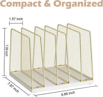5-Section Vertical File Organizer for Desk, Sturdy Wood Base & Metal Mesh Desktop File Holder, Upright Paper Folder Sorter for Office Supplies（Rustic Brown）