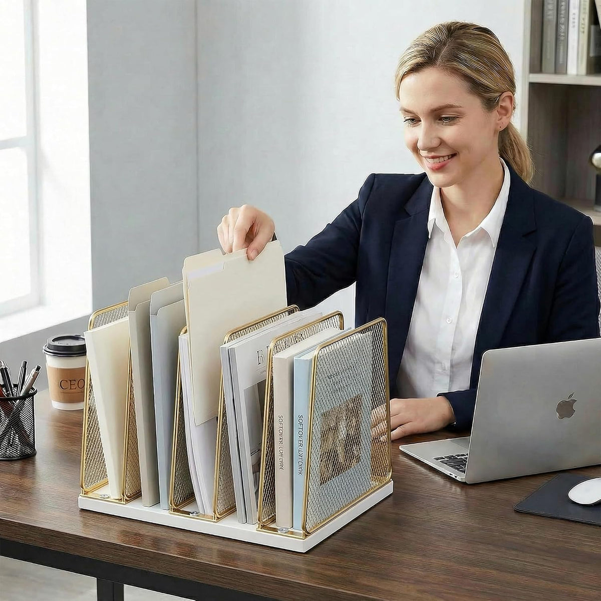 5-Section Vertical File Organizer for Desk, Sturdy Wood Base & Metal Mesh Desktop File Holder, Upright Paper Folder Sorter for Office Supplies（Rustic Brown）