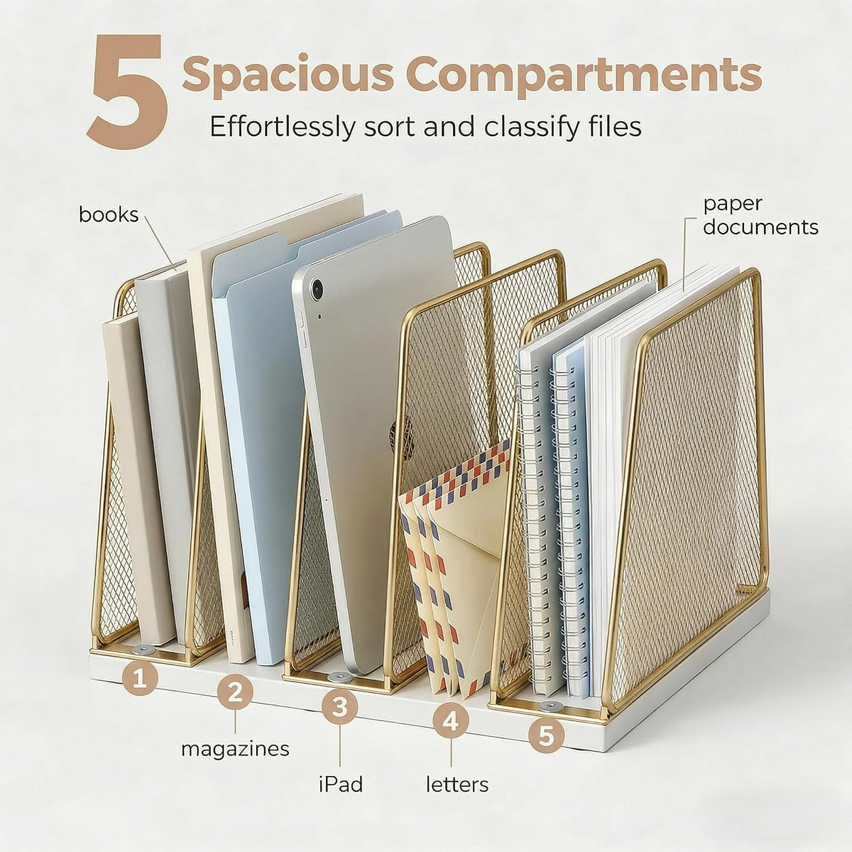5-Section Vertical File Organizer for Desk, Sturdy Wood Base & Metal Mesh Desktop File Holder, Upright Paper Folder Sorter for Office Supplies（Rustic Brown）