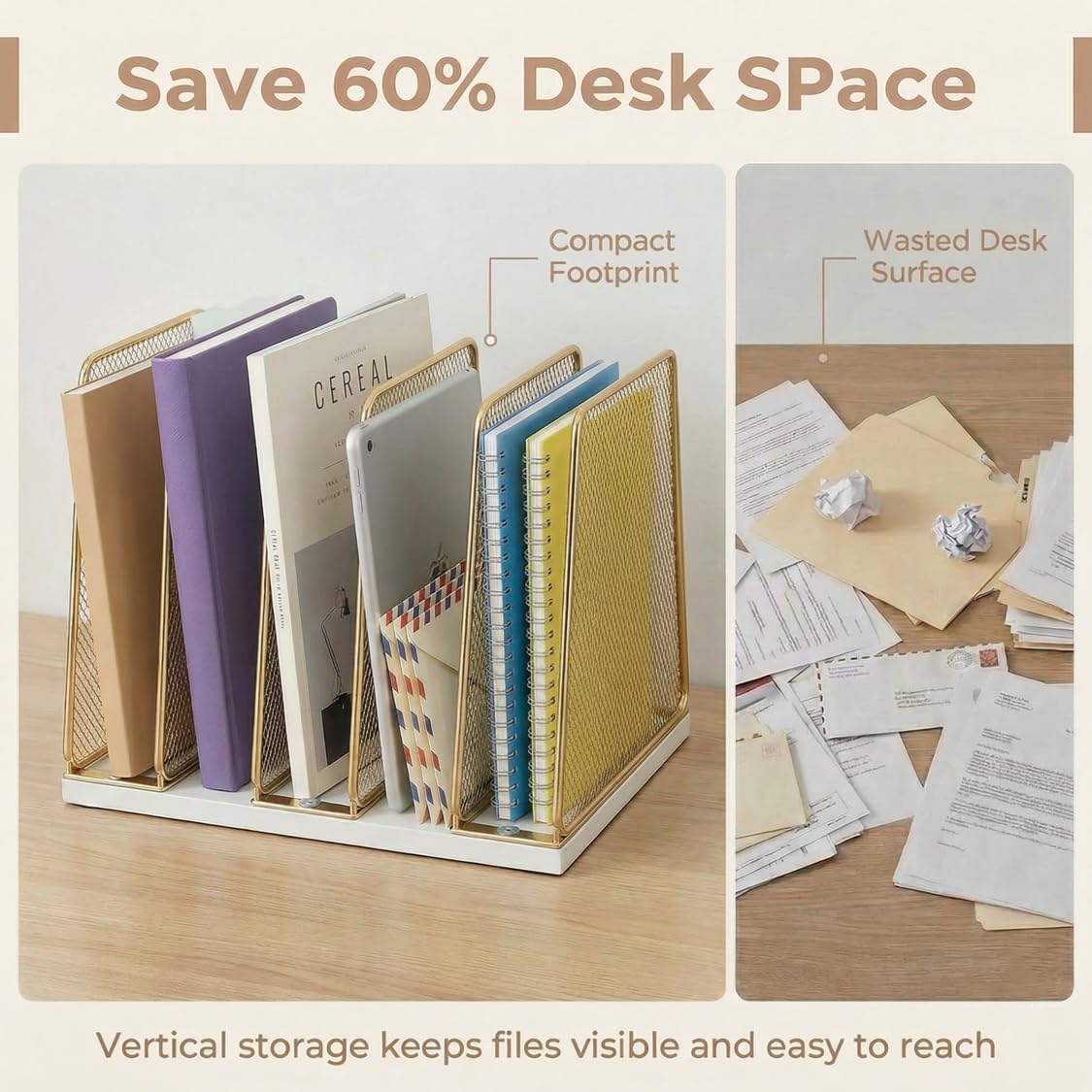5-Section Vertical File Organizer for Desk, Sturdy Wood Base & Metal Mesh Desktop File Holder, Upright Paper Folder Sorter for Office Supplies（Rustic Brown）