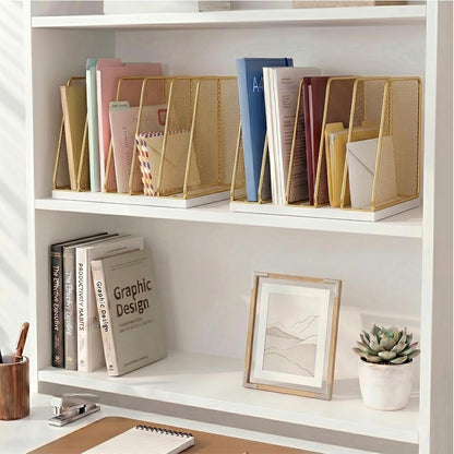 5-Section Vertical File Organizer for Desk, Sturdy Wood Base & Metal Mesh Desktop File Holder, Upright Paper Folder Sorter for Office Supplies（Rustic Brown）