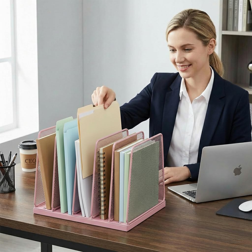 5-Section Vertical File Organizer for Desk, Sturdy Wood Base & Metal Mesh Desktop File Holder, Upright Paper Folder Sorter for Office Supplies（Rustic Brown）