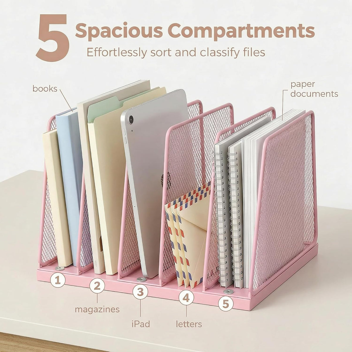 5-Section Vertical File Organizer for Desk, Sturdy Wood Base & Metal Mesh Desktop File Holder, Upright Paper Folder Sorter for Office Supplies（Rustic Brown）