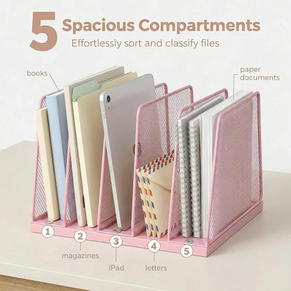 5-Section Vertical File Organizer for Desk, Sturdy Wood Base & Metal Mesh Desktop File Holder, Upright Paper Folder Sorter for Office Supplies（Rustic Brown）