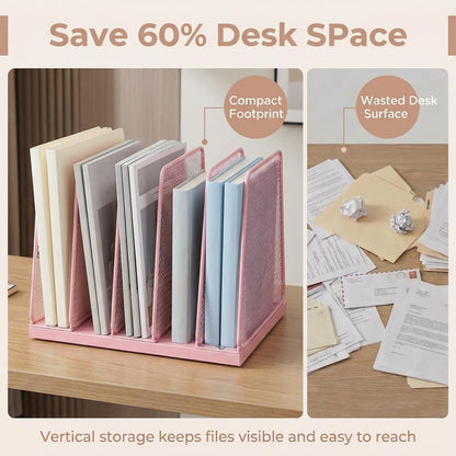 5-Section Vertical File Organizer for Desk, Sturdy Wood Base & Metal Mesh Desktop File Holder, Upright Paper Folder Sorter for Office Supplies（Rustic Brown）