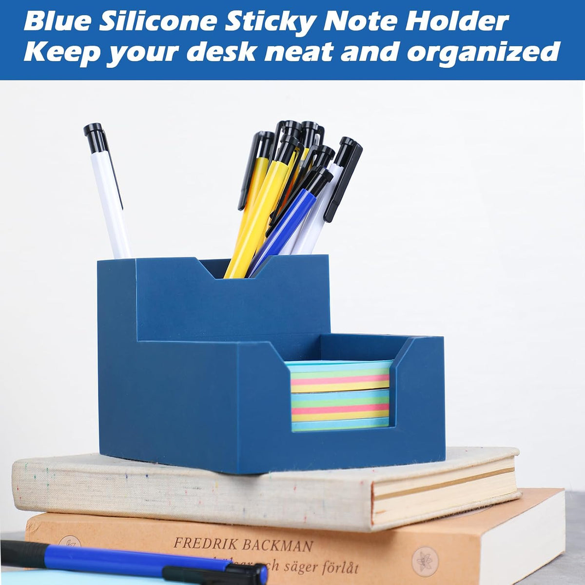 Black Sticky Note Holder, Silicone Memo Holder with Pen or Card Slots, Sticky Note Dispenser, Fits 3x3 Inches Sticky Notes