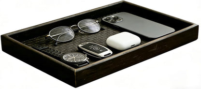 Wooden Valet Tray with Leather Base - Nightstand Catchall Organizer Desk Tray for Keys, Wallet, Men's Jewelry & Accessories(Black) (1, Black)