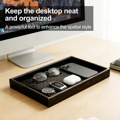 Wooden Valet Tray with Leather Base - Nightstand Catchall Organizer Desk Tray for Keys, Wallet, Men's Jewelry & Accessories(Black) (1, Black)