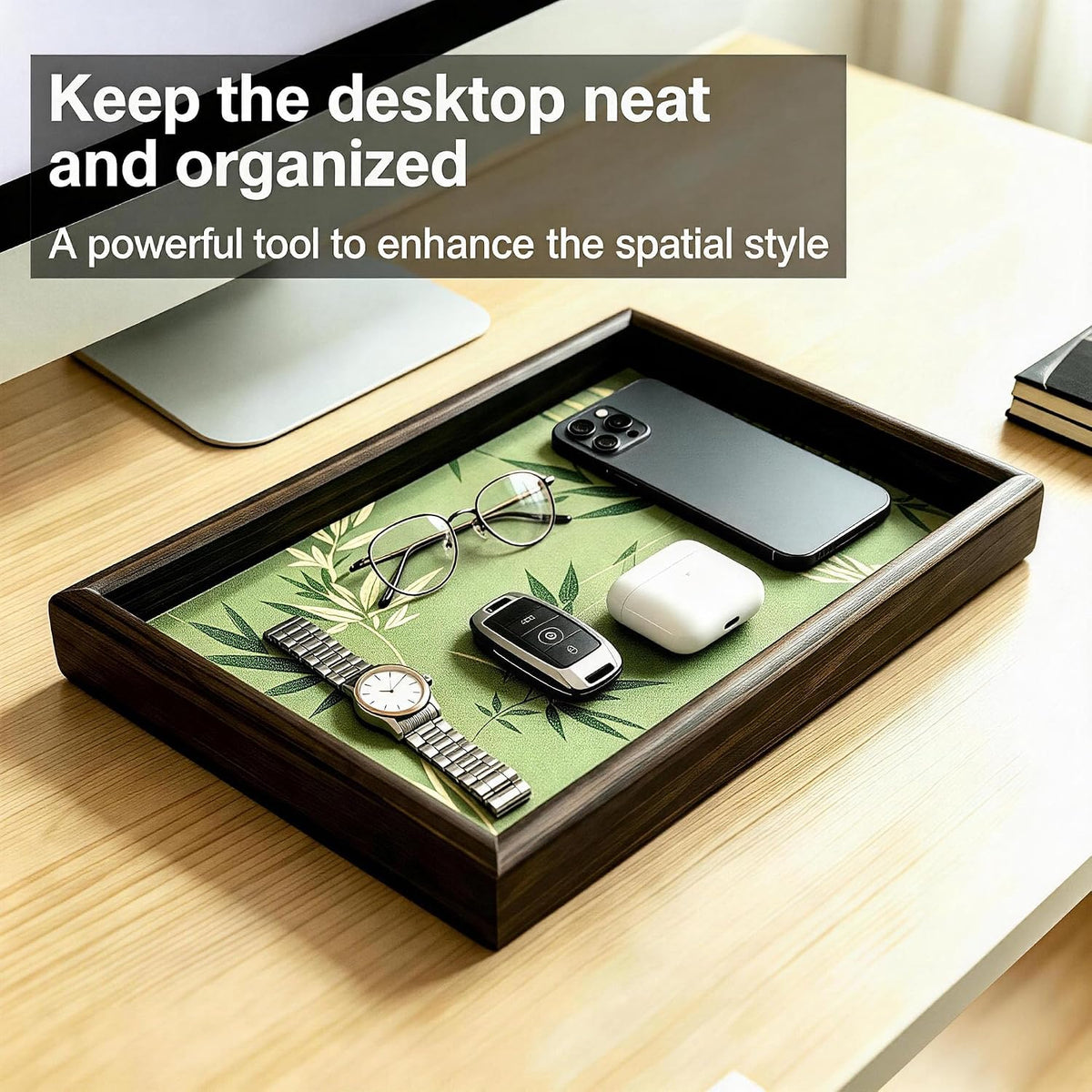 Wooden Valet Tray with Leather Base - Nightstand Catchall Organizer Desk Tray for Keys, Wallet, Men's Jewelry & Accessories(Black) (1, Black)