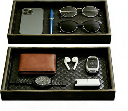 Wooden Valet Tray with Leather Base - Nightstand Catchall Organizer Desk Tray for Keys, Wallet, Men's Jewelry & Accessories(Black) (1, Black)