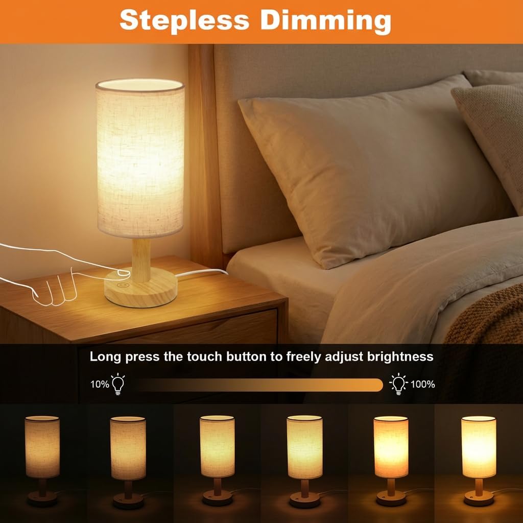 Touch Bedside Table Lamp with Stepless Dimming, USB Powered